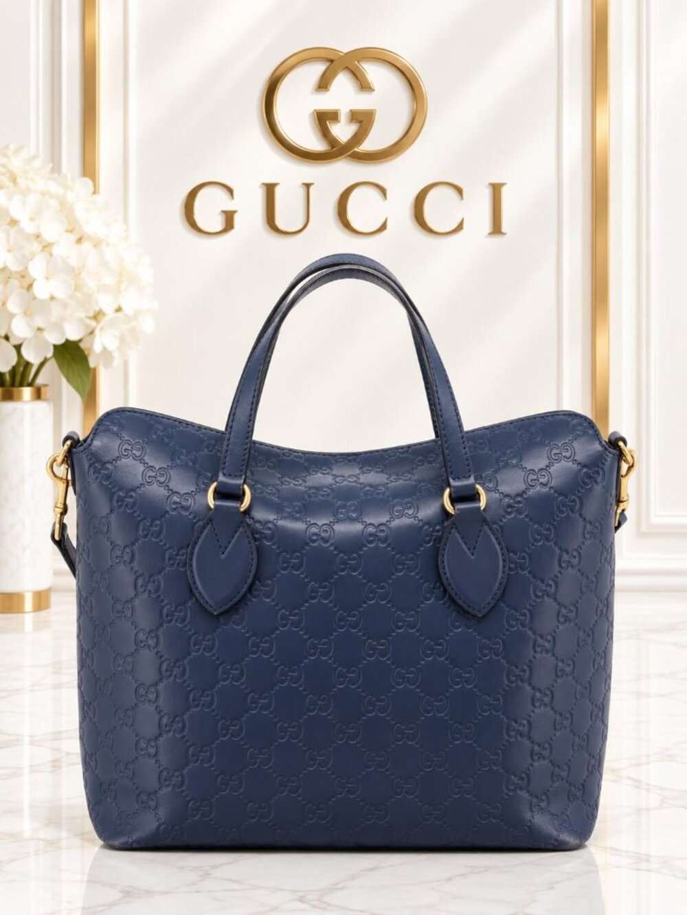 Authentic Gucci Guccissima Navy Leather Tote Shoulder Bag Crossbody Luxury